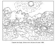 Coloriage Van Gogh, Oliviers avec ciel jaune et soleil
