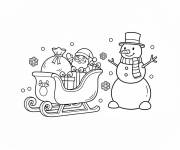 Coloriage Bonhomme de neige pres du Tra&icirc;neau de No&euml;l