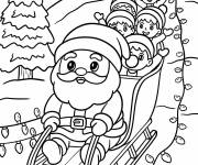 Coloriage Le P&egrave;re No&euml;l descend une colline en tra&icirc;neau avec ses lutins