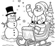 Coloriage Le P&egrave;re No&euml;l salue un bonhomme de neige dans son tra&icirc;neau