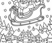 Coloriage Le P&egrave;re No&euml;l survole la ville en tra&icirc;neau avec des cadeaux