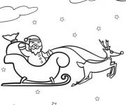 Coloriage Le P&egrave;re No&euml;l volant dans la nuit en tra&icirc;neau