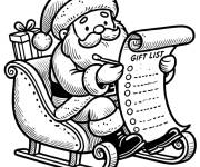 Coloriage P&egrave;re de noel r&eacute;vise la list des cadeaux sur son traineau