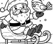 Coloriage P&egrave;re Noel avec un petit oiseau sur son traineau