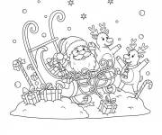Coloriage P&egrave;re noel et les renne en dansant devant le traineau