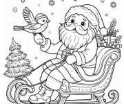 Coloriage P&egrave;re noel sur son traineau avec un oiseau