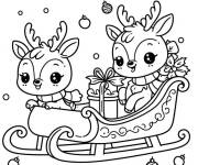 Coloriage Rennes kawaii dans le traineau du p&egrave;re noel