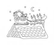 Coloriage Tra&icirc;neau de No&euml;l sur le toit de la maison