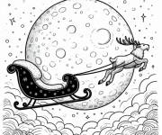 Coloriage Traineau de noel volant devant le plein lune