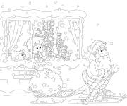 Coloriage Tra&icirc;neau du P&egrave;re No&euml;l s'arrete devant la fenetre