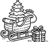 Coloriage Traineau du P&egrave;re No&euml;l, sapin et petit cadeau