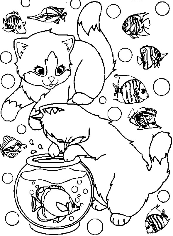 Coloriage Chats Trop Mignons et L'aquarium dessin gratuit à imprimer