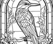 Coloriage Beau oiseau et motif de nature en vitrail