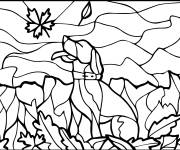 Coloriage Chien et feuille d'automne en vitrail