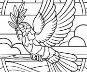 Coloriage Colombe gracieuse avec un rameau d'olivier dans un vitrail