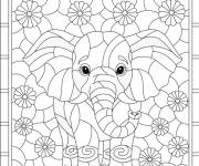 Coloriage El&eacute;phant dans une d&eacute;coration vitrail