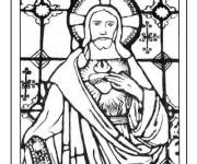 Coloriage J&eacute;sus dessin&eacute; dans le vitrail d'&eacute;glise