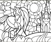 Coloriage Licorne devant le ch&acirc;teau en vitrail