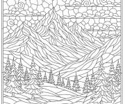 Coloriage Paysage alpine dans une d&eacute;coration en vitrail