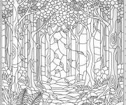 Coloriage Paysage de la foret dans une d&eacute;coration en vitrail