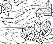 Coloriage Paysage de la nature en printemps en vitrail