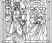 Coloriage Sc&egrave;ne de Nativit&eacute; en vitrail