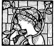 Coloriage Vitrail d'une femme tenant une rose