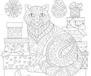 Coloriage Chat et cadeaux de noel zentangle