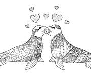 Coloriage Couple Lions de mer amoureux Zentangle