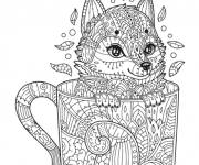 Coloriage Petit loup dans une tasse zentangle