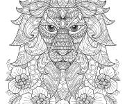 Coloriage T&ecirc;te de lion Zentangle parmi les fleurs
