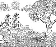 Coloriage Paysage au bord de la mer en Zentangle