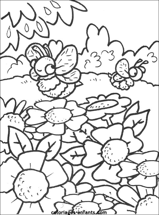 Coloriage Abeilles dans la forêt dessin gratuit à imprimer