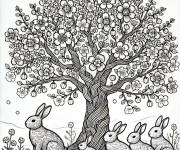 Coloriage Des klapins sous l'arbre fleuri