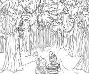 Coloriage Enfant dans la foret r&eacute;aliste
