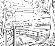 Coloriage Image d&rsquo;une ferme avec des arbres, des cl&ocirc;tures et des plantes