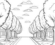 Coloriage Rue bord&eacute;e d'arbres et de maisons