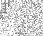 Coloriage Sc&egrave;ne de fille en d&eacute;corant l'arbre de Noel