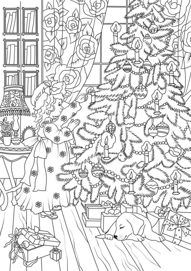 Coloriage et dessins gratuits Sc&egrave;ne de fille en d&eacute;corant l'arbre de Noel à imprimer