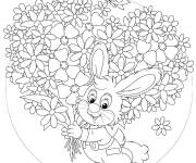 Coloriage Bouquet De Fleurs avec un lapin heureux