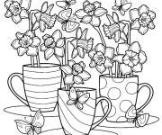 Coloriage Des fleurs dans une tasse avec des papillons