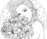 Coloriage Fille avec un bouquet de fleurs pour adulte