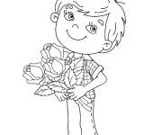 Coloriage Le gar&ccedil;on avec un bouquet de fleurs roses 