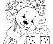 Coloriage Ours en peluche avec un bouquet de fleurs et un cadeau 
