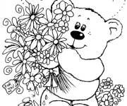 Coloriage Ours en peluche vous offre un bouquet de roses