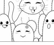 Coloriage Chat au-dessus de plantes cactus kawaii