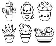Coloriage Famille de Cactus kawaii adorables en pot