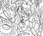 Coloriage Gar&ccedil;on devant des arbres et des cactus dans la jungle
