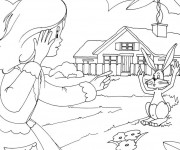 Coloriage La petite fille et son lapin en Campagne