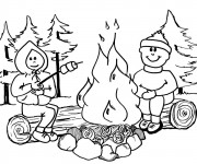 Coloriage Les Enfants allument le Feu Camping